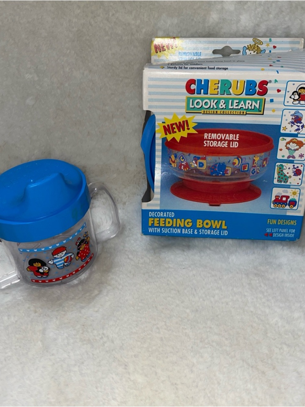 Vintage 1993 Playtex Cherubs Baby Toddler Plastic Suction Bowl & Sippy Cup NOS